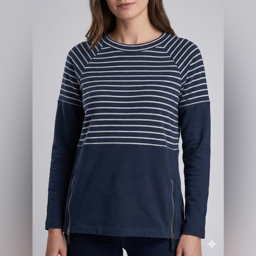 Barbour Navy & White Stripe Side Zip Cotton Pullover Top | Size 6